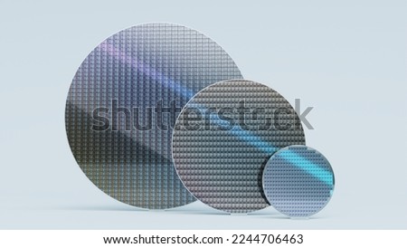 Set of Three Silicon Wafers of Different Sizes, 300mm, 200mm and 100mm, on White Background Royalty-Free Stock Photo #2244706463