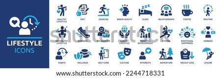 Lifestyle icon set. Containing healthy lifestyle, diet, exercise, sleep, relationships, running, routine, self-care, culture and hobbies icons. Solid icon collection. Royalty-Free Stock Photo #2244718331