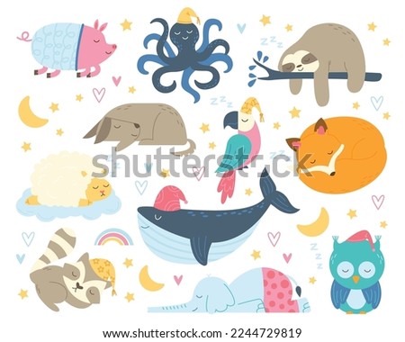 Cute sleeping animals flat icons set. Funny owl, parrot, octopus, raccoon and pig in pajamas. Dreaming at night