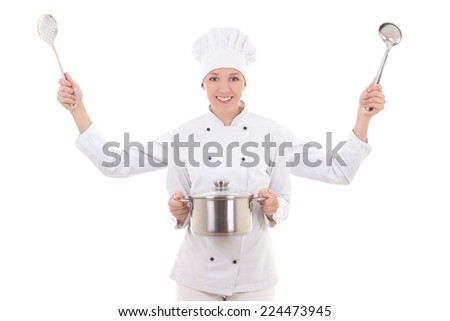 concept picture of attractive woman in chef uniform with four hands isolated on white background