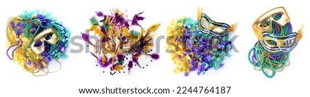 Collage of bright carnival masks with decor on white background, top view
