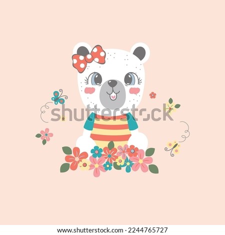 cute bear vector illustration with beautiful flowers
