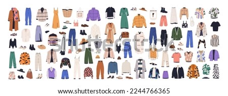 Fashion clothes, garments and accessories set. Female apparel, dresses, pants, modern shoes, coats, sweaters, hats in casual style. Flat graphic vector illustrations isolated on white background Royalty-Free Stock Photo #2244766365