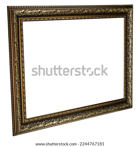 Perspective view of Antique Golden Classic Old Vintage Wooden Rectangle canvas frame isolated on white. Blank and diverse subject moulding baguette. Design element for paint, mirror or photo