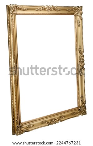 Perspective view of Antique Golden Classic Old Vintage Wooden Rectangle canvas frame isolated on white. Blank and diverse subject moulding baguette. Design element for paint, mirror or photo