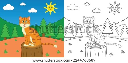Wildlife cute cartoon cat coloring page with line art vector illustration