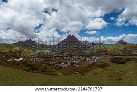 Panoramic aerial landscape about Mauritius. Pieter both famous mountain in the background Creve coeur village in the foreground