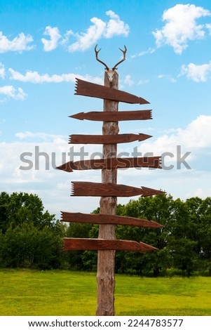 Wooden Direction Sign. Empty wooden direction sign. A wooden direction sign with a horned deer skull on top. Royalty-Free Stock Photo #2244783577