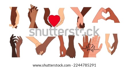 Two hands holding together set. Human fingers, couple palms touching, gesturing, heart shape. Support, love relationship concept. Flat colored outline vector illustration isolated on white background. Royalty-Free Stock Photo #2244785291