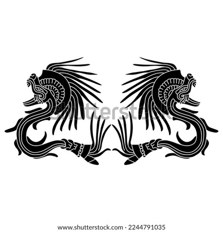 Symmetrical design with two fantastic animals. Ethnic Native American art. Quetzalcoatl Feathered Serpent. Mythology of Aztec Indians. Black and white silhouette.