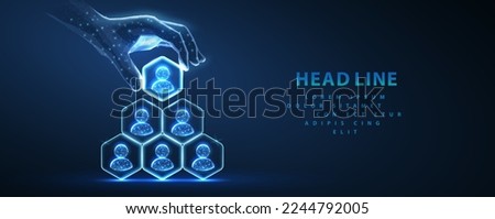HR manage. Abstract 3d human hand hold leader icon in hexagon on top of people pyramid. Manage human resurse, team leader, recruitment process, change personnel, career growth, leadership concept Royalty-Free Stock Photo #2244792005