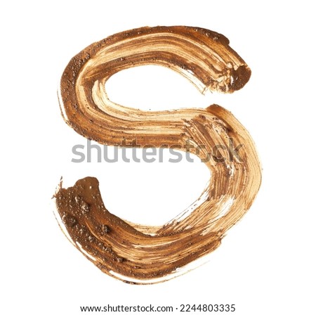 Wet mud alphabet, brush stroke letter S isolated on white, clipping path