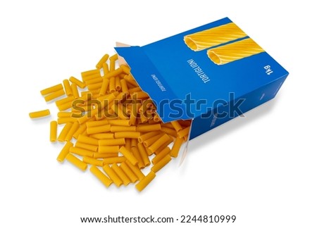 Tortiglioni macaroni pasta come out from blue carton pack, isolated on white, clipping path Royalty-Free Stock Photo #2244810999