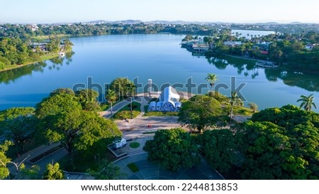 Lagoa da Pampulha, in Belo Horizonte, overlooking the Church of São Francisco de Assis and Guanabara Park. Minas Gerais Brazil. Aerial view. Royalty-Free Stock Photo #2244813853