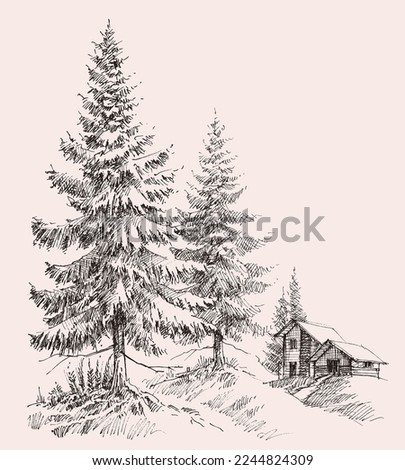 Alpine landscape sketch. Mountain cabin, pine tree forest and mountain ranges  Royalty-Free Stock Photo #2244824309