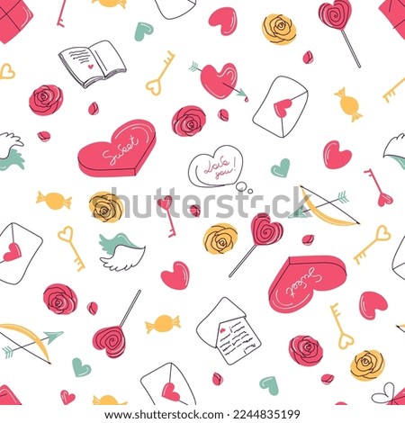 Seamless pattern with Valentines day doodles vector illustration. Cute romantic symbols. Pink and yellow hearts, roses, sweets. For wrapping paper, packaging decoration
