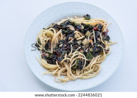 Spaghetti with Swiss chard - vegetarian food, vegetables, optional picture