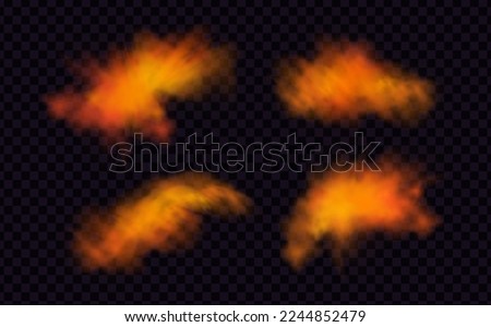 Set of orange vector cloudiness ,fog or smoke on dark checkered background.Set of cloudy sky or smog over the city.Vector illustration.