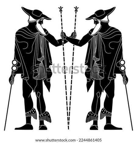 Symmetrical design with ancient Greek god Hermes or Mercury. Black and white silhouette.