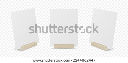 Vector 3d Realistic White Blank A4 Vertical Paper Sheet, Card on Wooden Holder, Stand Icon Set Closeup Isolated. Design Template for Mockup, Menu Frame, Booklets. Acrylic Tent Card. Front, Side View Royalty-Free Stock Photo #2244862447