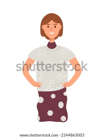 Happy Young woman on white background. Flat female character for presentation. Stylish person in trendy outfit, clothes. Flat vector illustration isolated on white background