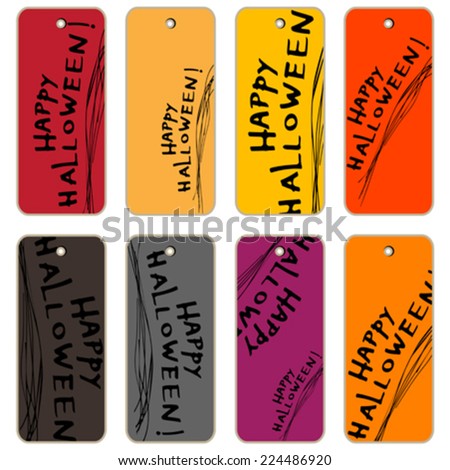 Price tags collection with Happy Halloween, hand drawn cartoon illustrations over colored backgrounds, series isolated on white