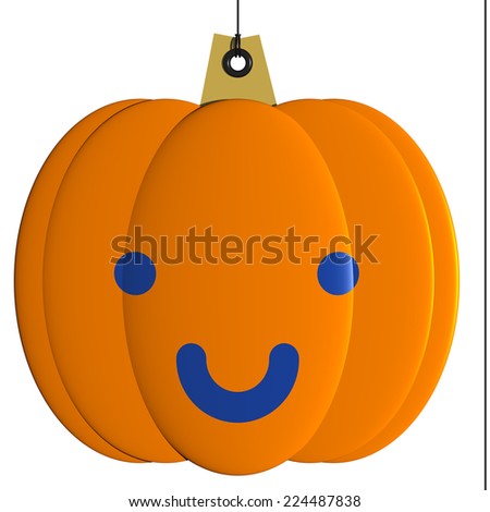 Pumpkin smiling painted label, smiley Halloween shape fixed by a rivet hung on by a black thread, isolated on white background