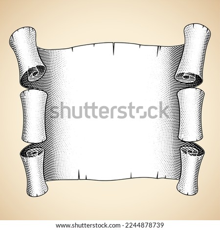 Illustration of Scratchboard Engraved Curled Big Banner with White Fill isolated on a Beige Background