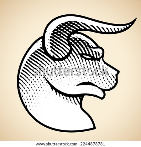 Illustration of Scratchboard Engraved Bull Profile View with White Fill isolated on a Beige Background