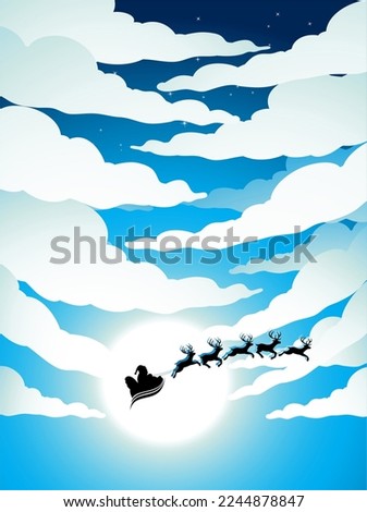 Illustration of Santa and Cloudy Blue Sky with Bright Moon Light