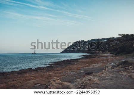 A Stunning Picture of Stone Beach with a Boat Sailing in the Distance An Idyllic Scene of Natural Beauty and Tranquility