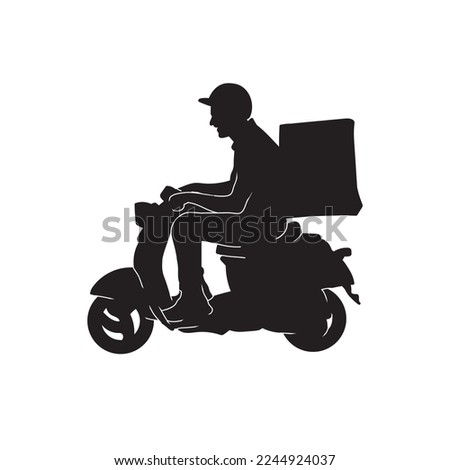 Delivery man rides on an electric scooter black silhouette vector image.