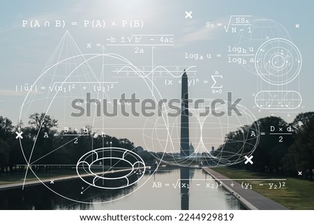 Washington Monument and the Capitol Building, Washington DC, USA. Seen from reflecting pool. Technologies and education concept. Academic research, top ranking university, hologram