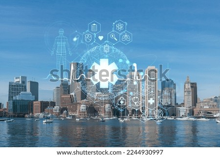 Panorama city view of Boston Harbor at day time, Massachusetts. Buildings of financial downtown. Glowing healthcare digital medicine icons. The concept of treatment from disease, Threat of pandemic