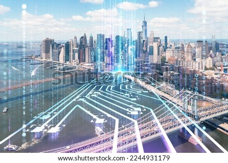 Aerial panoramic city view of Lower Manhattan. Brooklyn and Manhattan bridges over East River, New York, USA. Artificial Intelligence concept, hologram. AI, machine learning, neural network, robotics Royalty-Free Stock Photo #2244931179