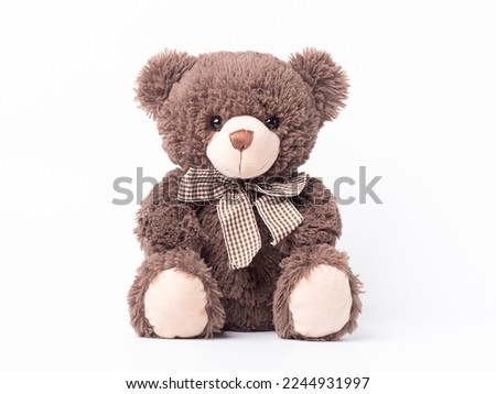 Brown teddy bear doll and sitting on white background.
