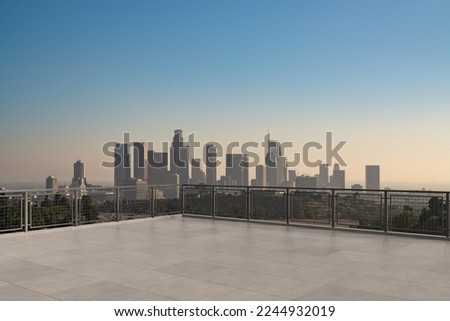 Skyscrapers Cityscape Downtown, Los Angeles Skyline Buildings. Beautiful Real Estate. Sunset. Empty rooftop View. Success concept. Royalty-Free Stock Photo #2244932019