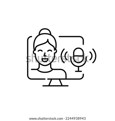 Girl podcaster on a computer. Pixel perfect, editable stroke icon