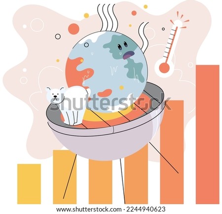Concept of global warming. Planet is roasting on fire together with animals under scorching sun. Environmental ecology problems, natural disaster, rising temperatures, fires and climate change