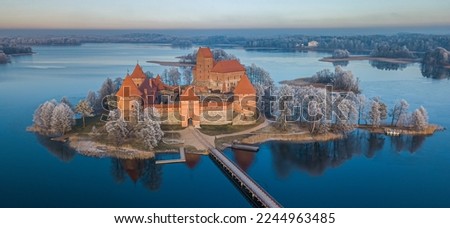 Trakai castle at winter, aerial view of the castle Royalty-Free Stock Photo #2244963485