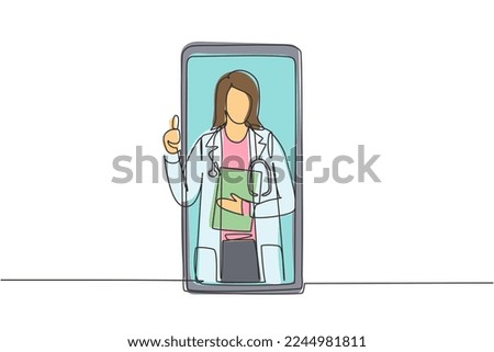Single continuous line drawing two smartphones face to face and contain hijab female patient and hijab female doctor with their bodies as if coming out of a smartphone. One line draw graphic design