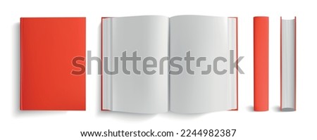 Realistic books set with isolated views of closed and open book with red cover and backbones vector illustration