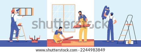 Home renovation flat set with contractor workers doing indoor maintenance vector illustration Royalty-Free Stock Photo #2244983849