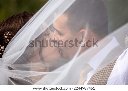 Kiss of the bride and groom in a wedding dress.