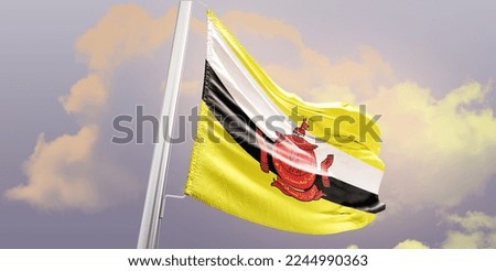 Waving Flag of Brunei in the Sky. The symbol of the state on wavy cotton fabric.