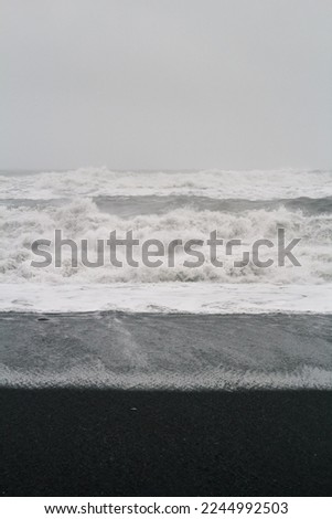 Ocean waves rolling on sand monochrome landscape photo. Beautiful nature scenery photography with fog on background. Idyllic scene. High quality picture for wallpaper, travel blog, magazine, article