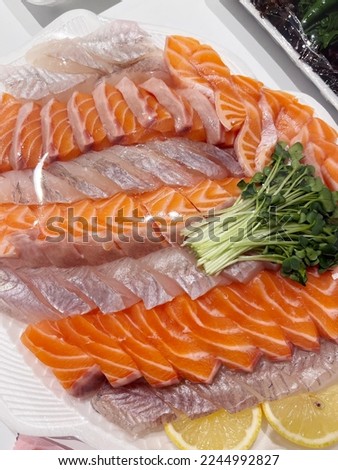 Salmon and seafood on the plate