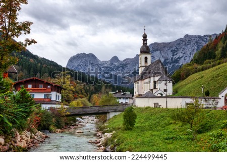 Church of Saint Sebastian in Rammsau in Berchtesgaden. Lovely Landscape Autumn Picture from the Alps in Bavaria, Germany