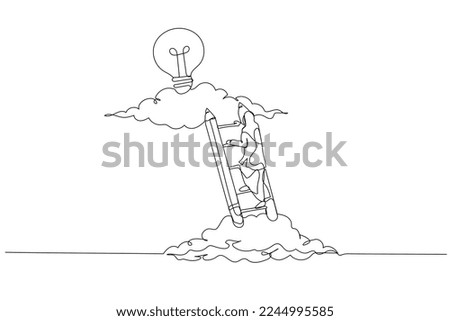 Drawing of muslim woman climbing ladder to upper cloud to find bright idea concept of creative inspiration. One line art style