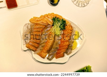 Salmon and seafoods on the plate